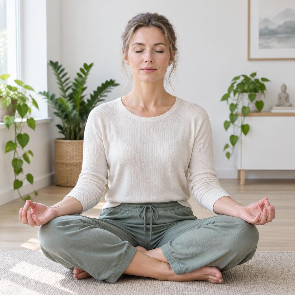 Woman meditating in a calm bright room