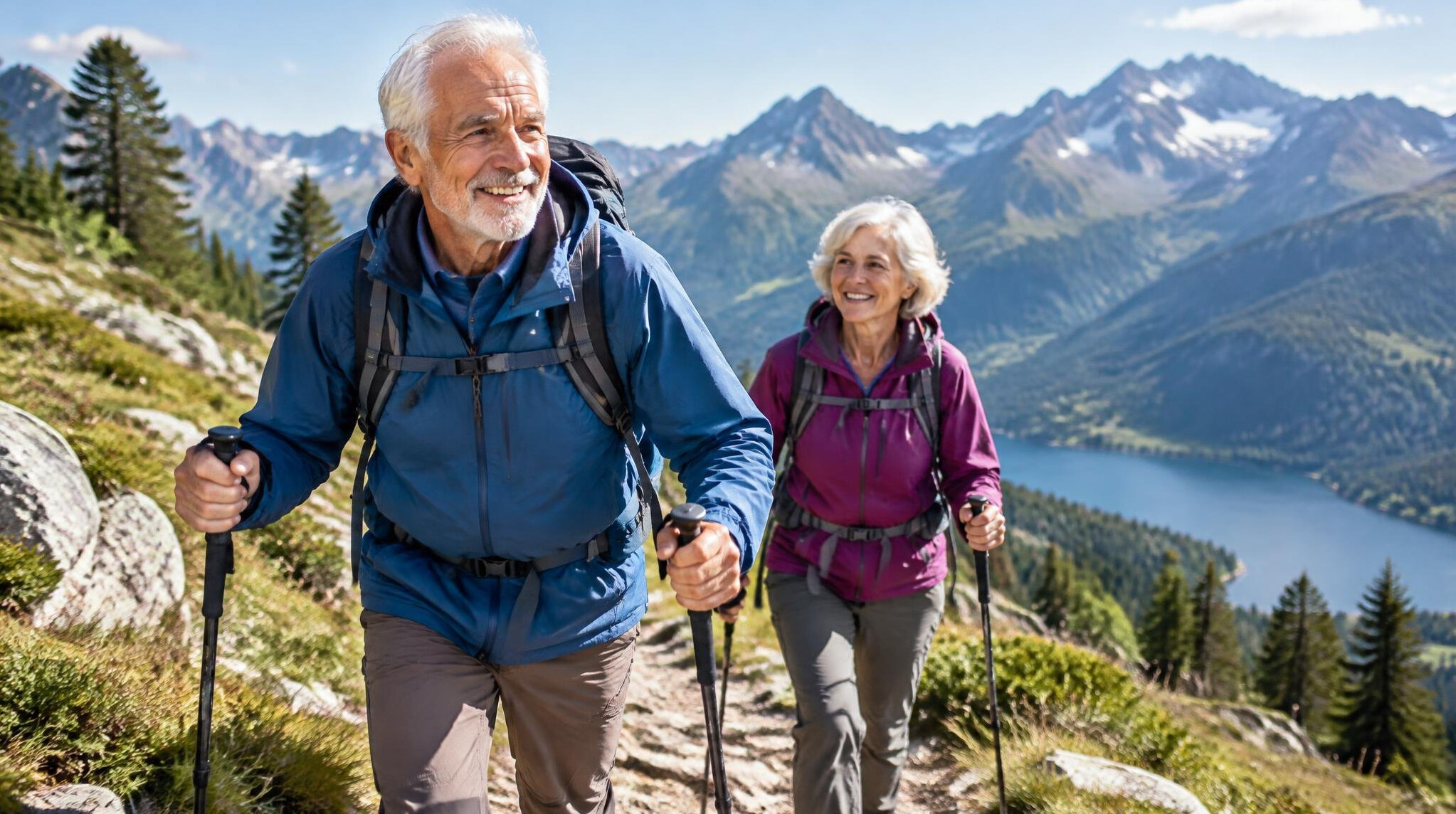 elderly person hiking in mountains