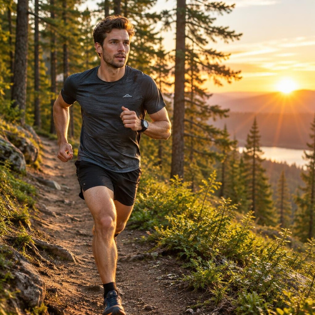 Runner on a trail in nature at sunrise