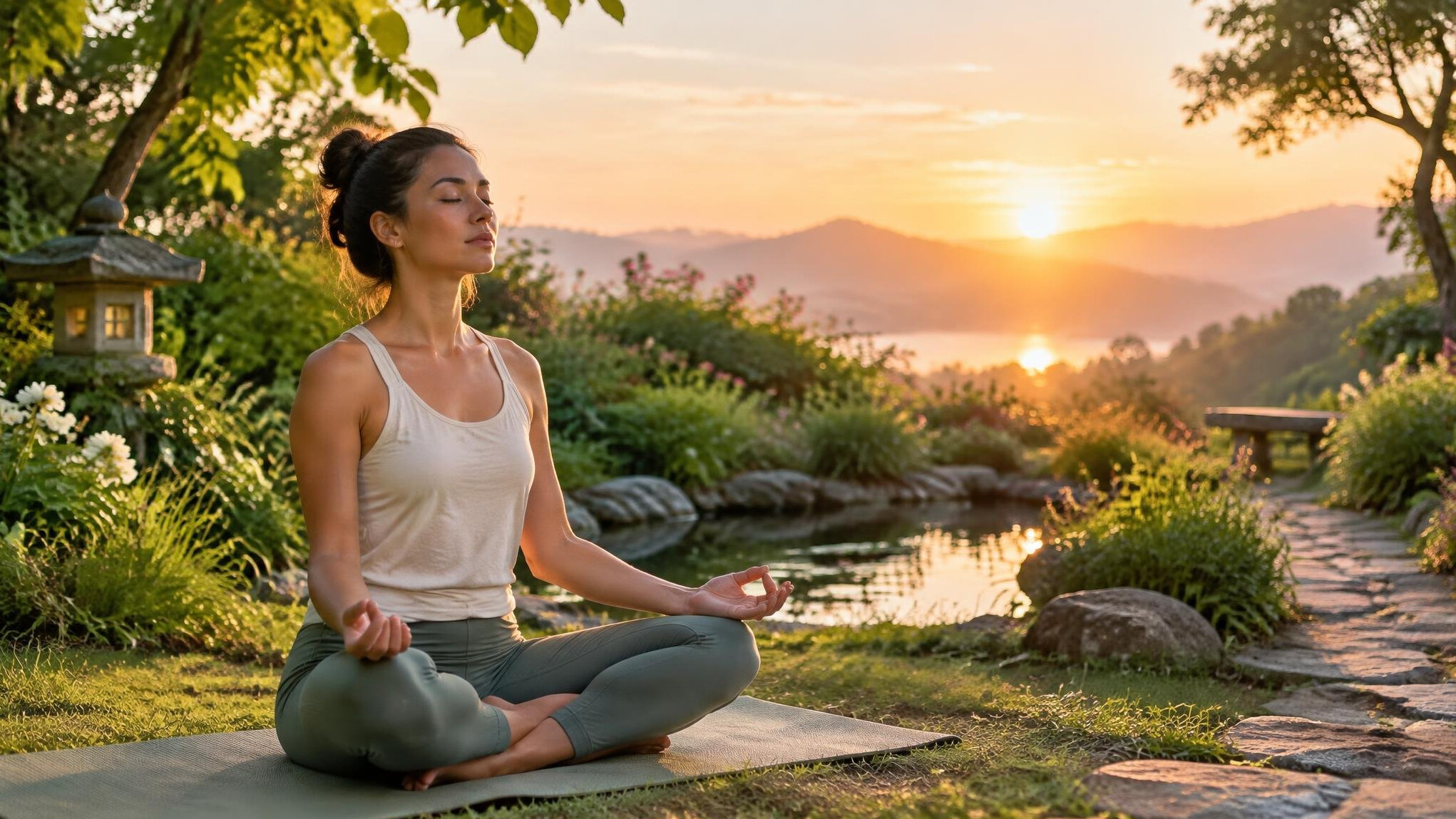 person meditating in peaceful garden